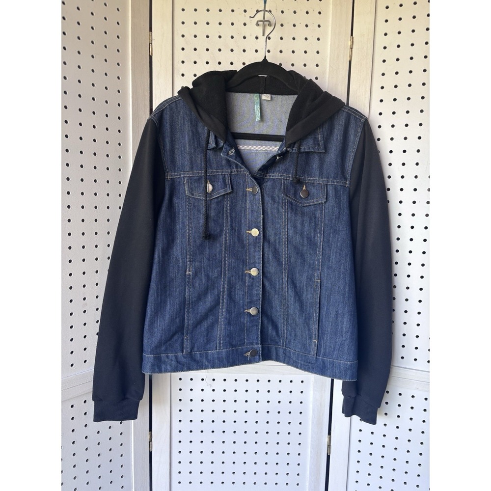 Moonlight Women's Lg Dark Wash Jean Jacket Black Sweatshirt Sleeves Hooded